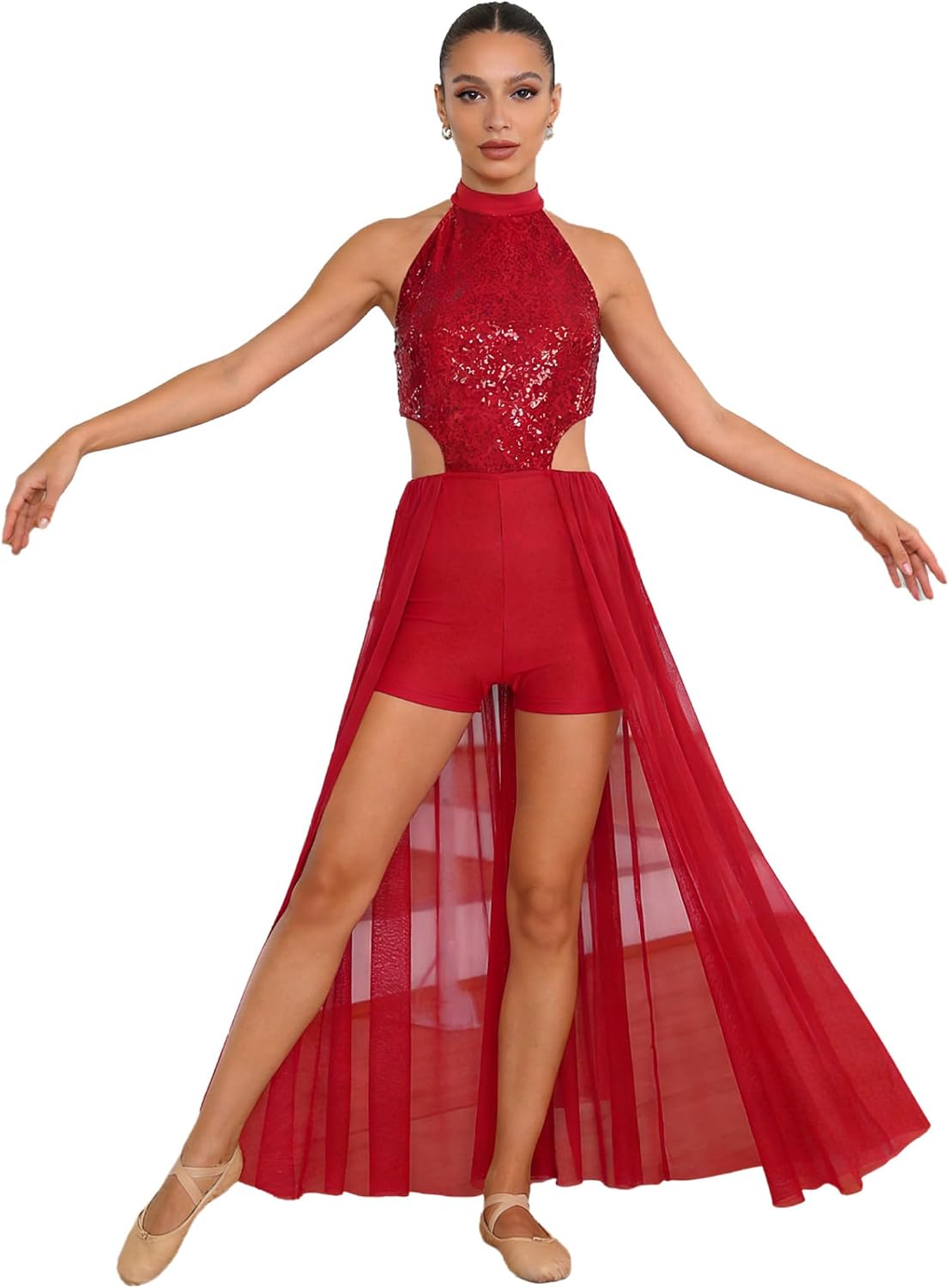 Women Sparkly Sequin Lyrical Dance Dress Split Skirt Flowy Lyrical Dress Contemporary Dance Costumes