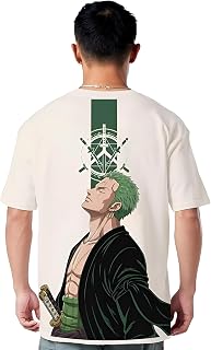 Darkbuck® Anime Oversized Tshirt for Men and Women Drop Shoulder Loose Baggy Fit Off White Unisex Pure Cotton T-Shirt Roro Zo Price In India