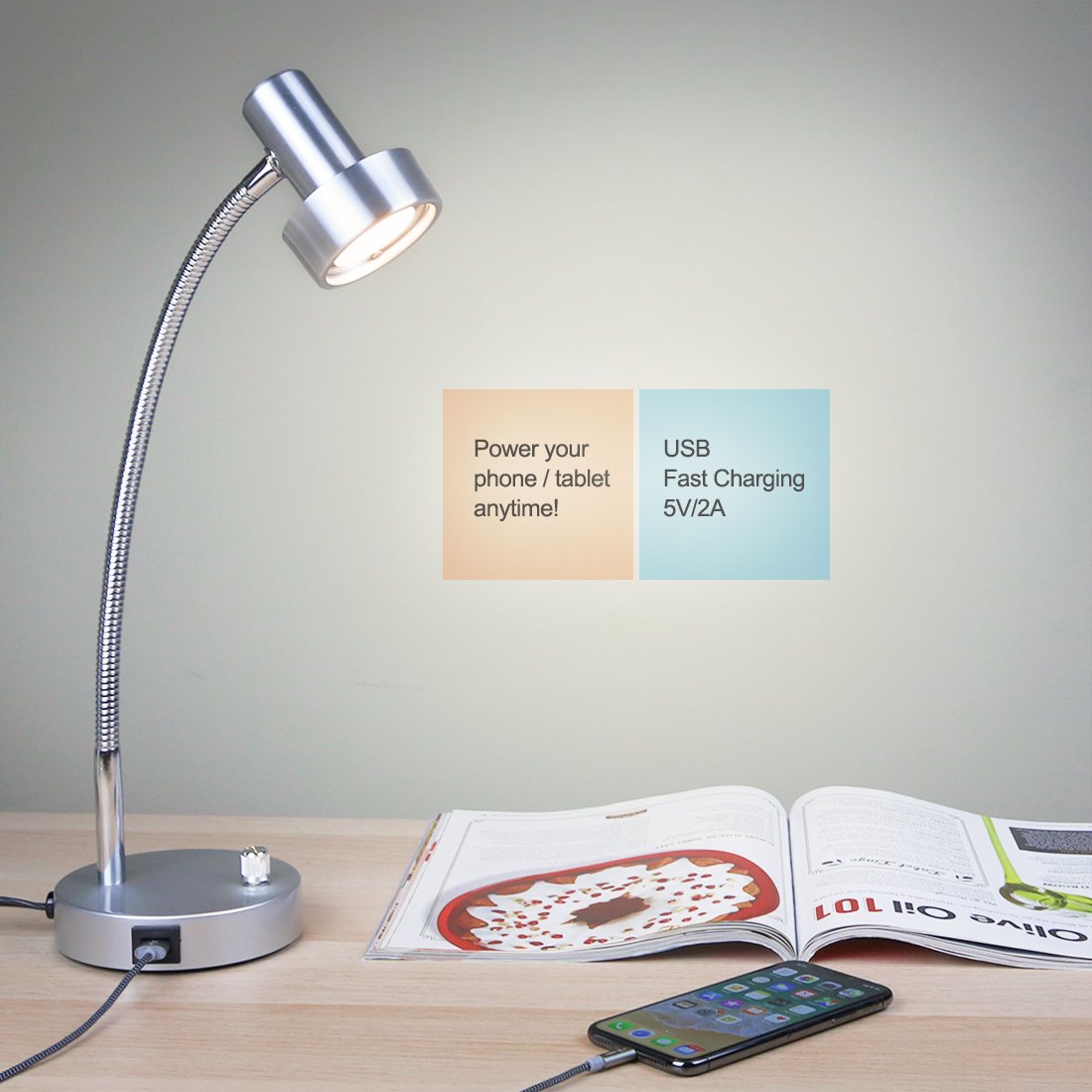 O'Bright Lámpara de escritorio LED regulable con puerto de carga USB (5 V/2 A), LED de atenuación de rango completo, lámpara de mesa con cargador USB, cuello de cisne flexible, lámpara de escritorio