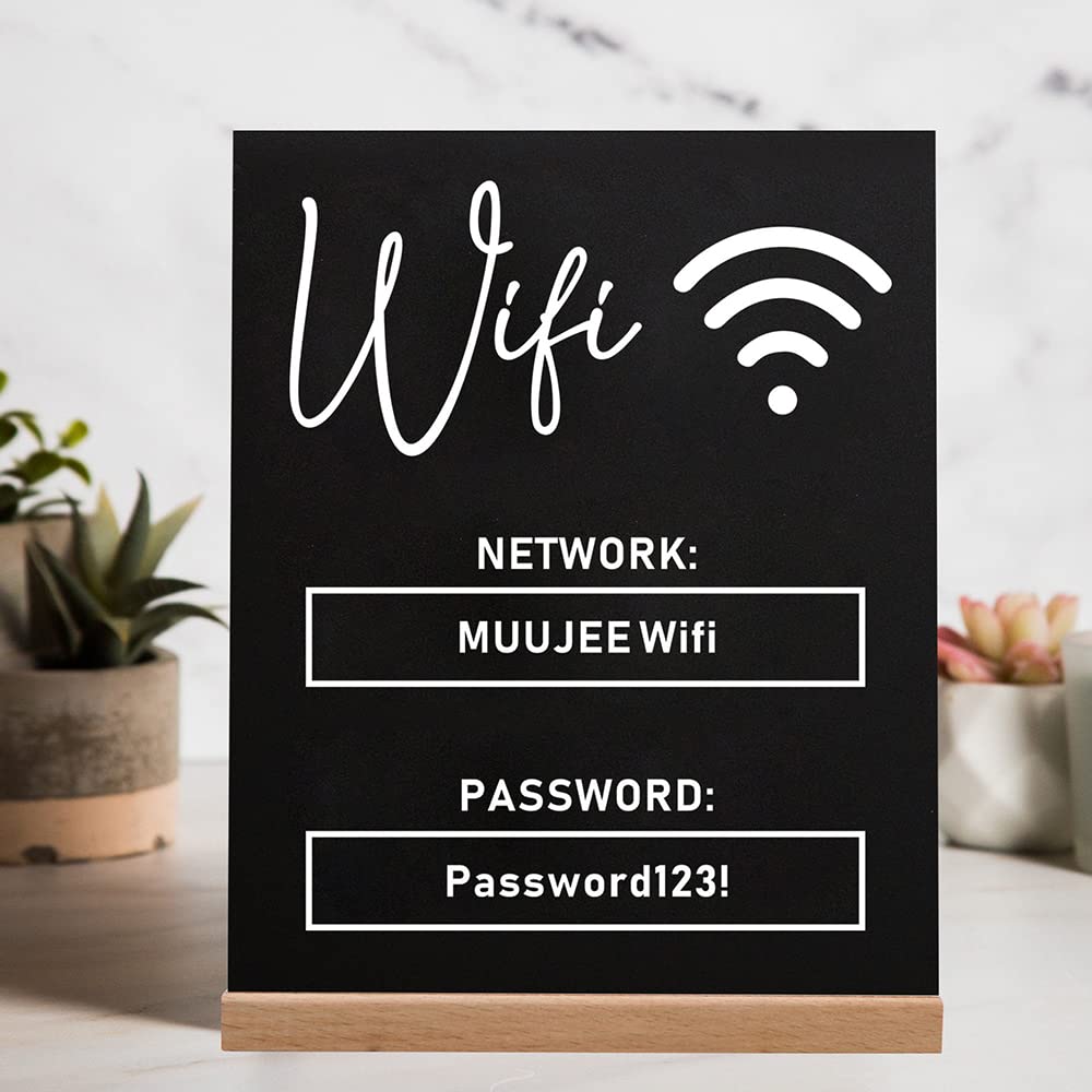 Custom Wifi Acrylic Sign With Wood Base - Black Acrylic Wifi Sign for Home Airbnb Rental Small Business Salons Restaurants Bars Hotel