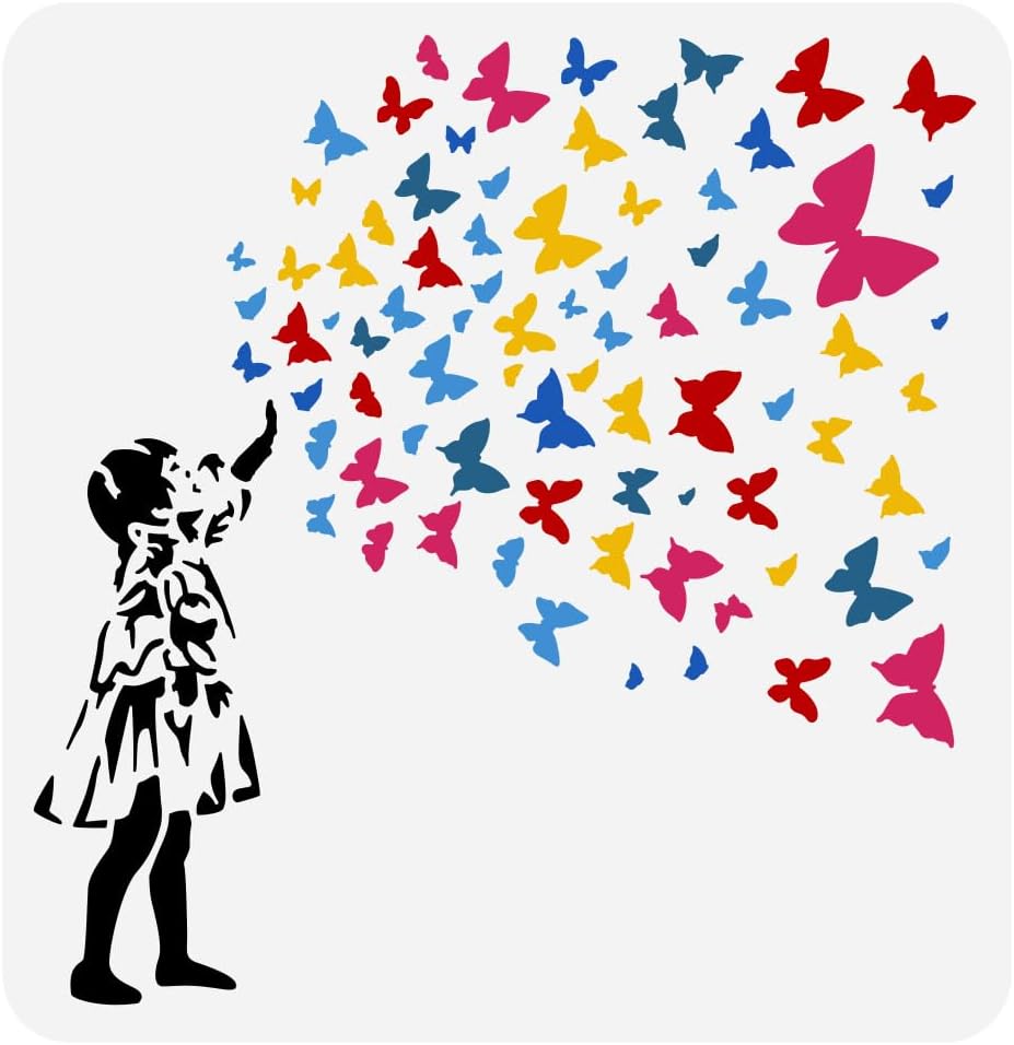 FINGERINSPIRE Girl with Butterfly Stencil 30x30cm Plastic PET Woman Painting Stencil Banksy Theme Template for Wall Decor