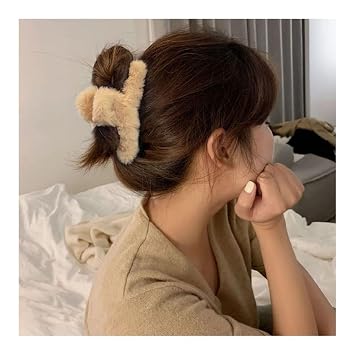 Fluffy Plush Hair Claw Clips, Winter Large Non-Slip Hair Clips Super Grip Elegant Nonslip Strong Hold Hair Claw Clip Hair Accessories for Girls Woman Thick Long Hairs Khaki