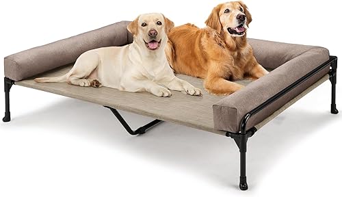 Miniatura 1 de Veehoo Cama elevada elevada para perros, cama refrescante para perros de tamaño grande, cuna elevada de tres caras con malla y pies antideslizantes,