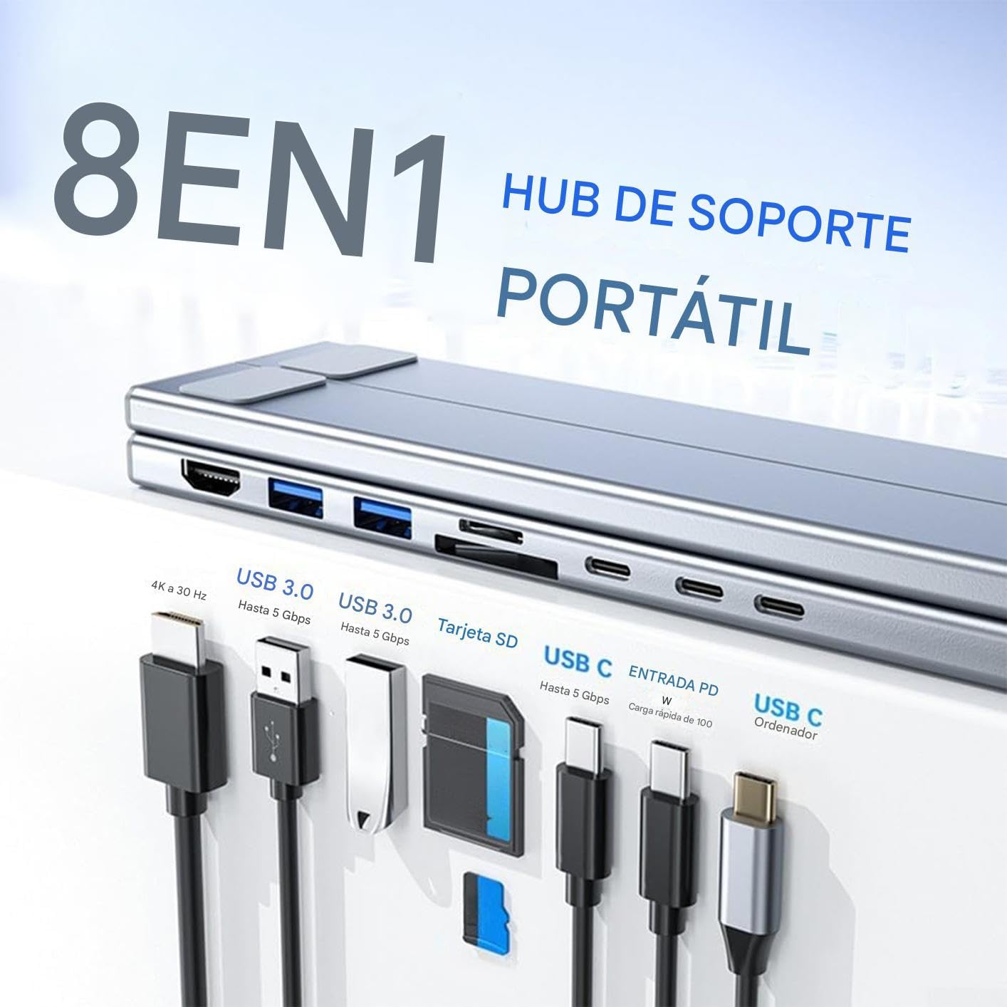 Base para Portátil con Puertos USB Hub USB C 8 en 1 con Refrigeración y | Soporte Ergonómico para Portátil Para Oficina Casa Juegos Escritorio Viaje Negocios Tableta Computado