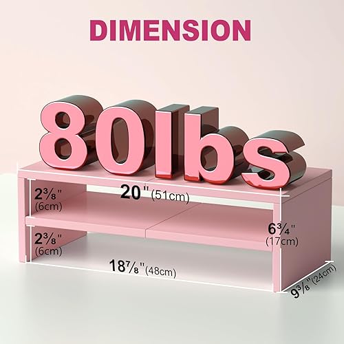 Miniatura 3 de TEAMIX Soporte elevador de monitor rosa de 2 niveles, soporte de escritorio con almacenamiento para teclado, soporte de TV pequeño para laptop,