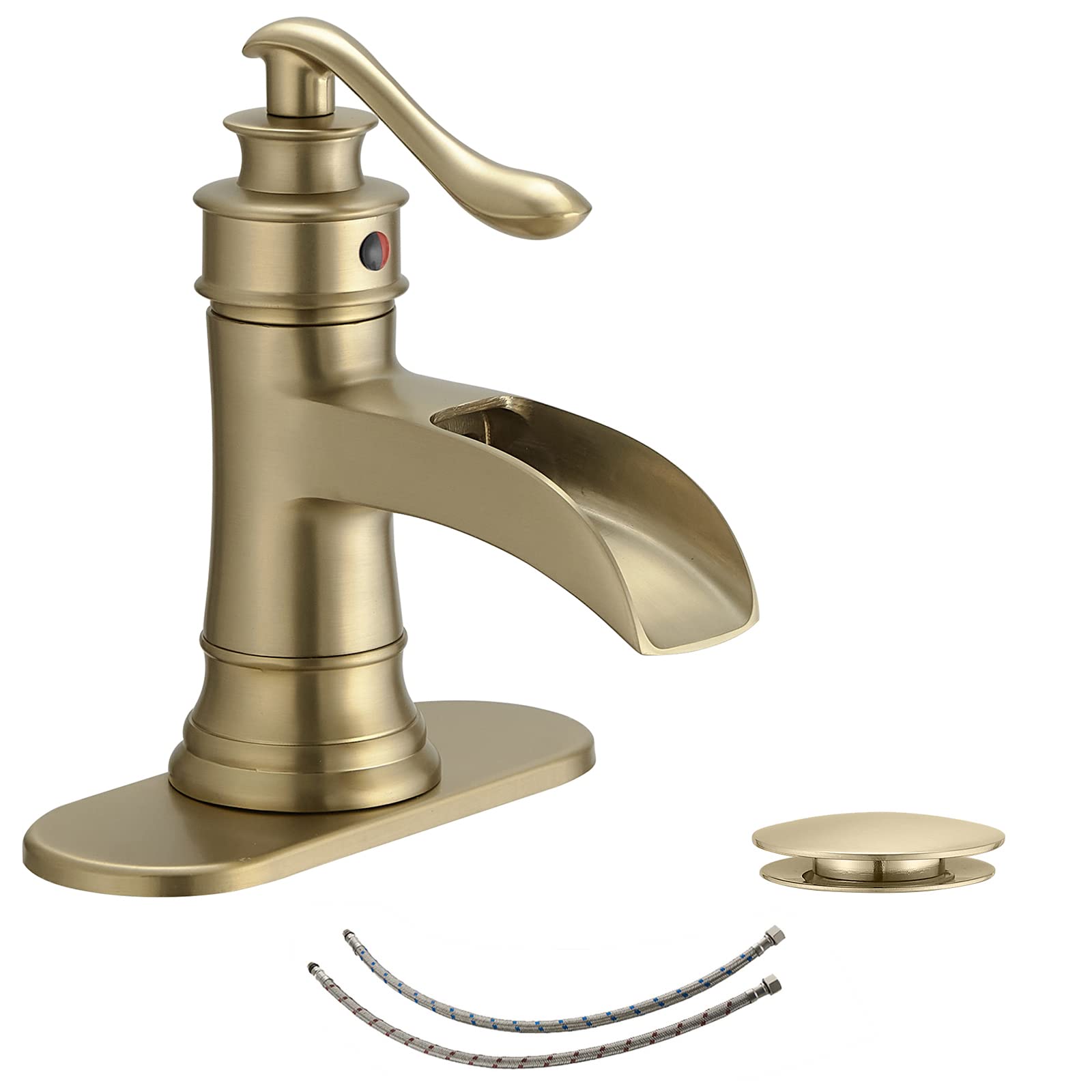 HomevaciousBathroom Faucet Waterfall Sink Faucets Bathroom Widespread Single Handle Brushed Gold for 1 or 3 Holes Rustic Vanity Farmhouse with Pop-up Drain Deck Plate Hose