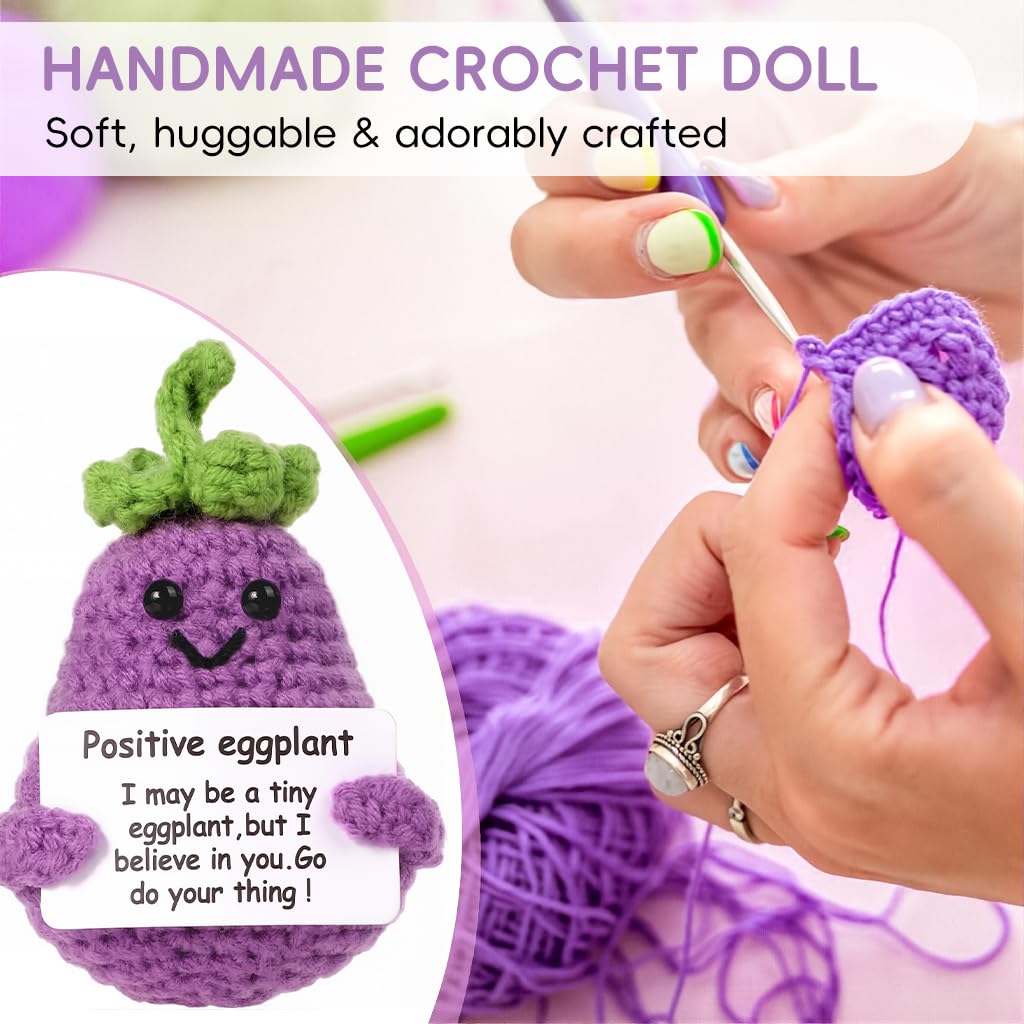 Zibuyu® Handmade Crochet Eggplant Toy Desk Decor with Positive Message Card 2