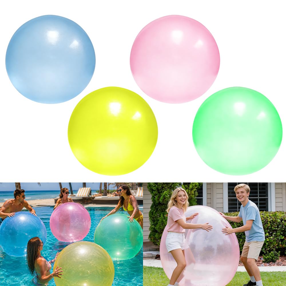 4 Pezzi Palla Gonfiabile, 120cm Palloni Gonfiabili Giganti, Palloncini Trasparenti, Giganti TPR Pallone Gonfiabile Gigante per Feste All'Aperto con Palloni da Spiaggia (Blu,Rosa,Verde,Giallo)