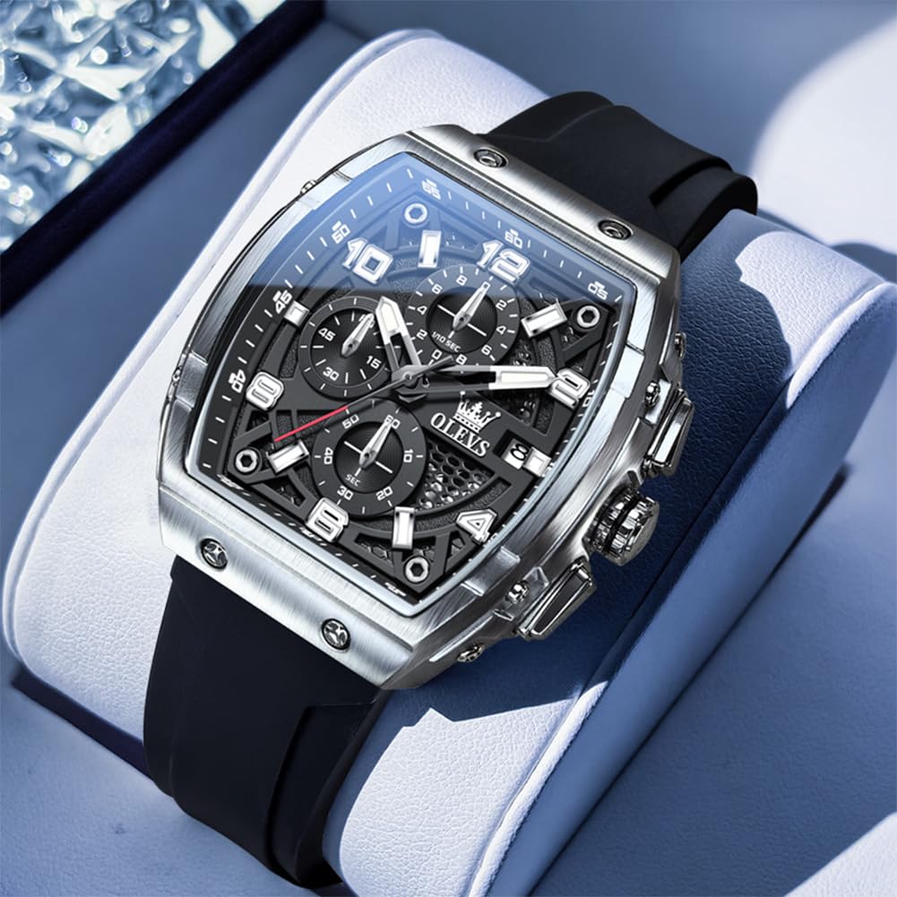OLEVS Watch Men Chronograph Square Watches for Men Big Face Luxury Original Dress Waterproof Casual Nice Wrist Male Watch for Man Analog Classic Business Silicon Strap Mens Watches Relojes Para Hombre