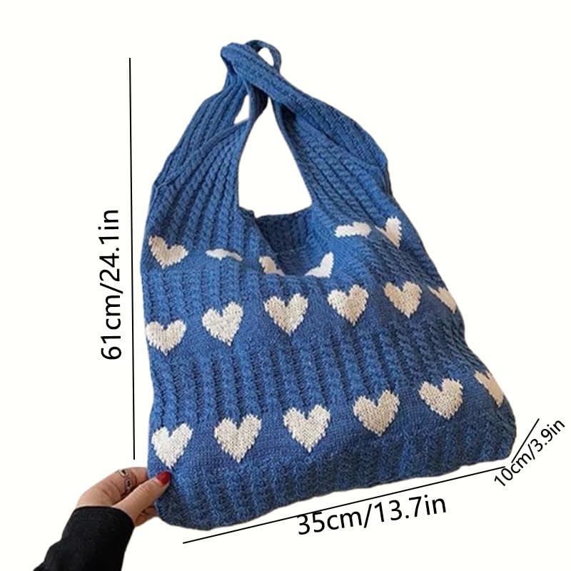 Bolso tote tejido de gran capacidad con diseño de corazón rojo - Bolso casual para hombro y playa para mujeres, ideal para uso diario, bolso tote casual, azul miniatura 4
