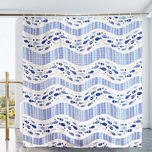YISURE Rideau de Douche Court 150cm, Motif de Poisson Bleu Rideau de Douche Court avec Ourlet magnétique Résistant à la moisissure, imperméable à l'eau, Largeur 180 x Hauteur 150cm Cover