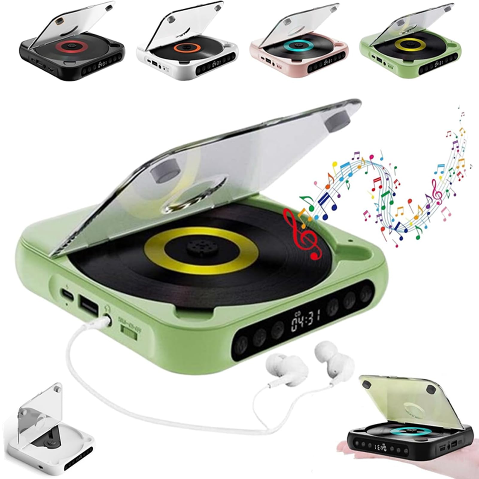 Lecteur CD portable compatible Bluetooth : son Hi-Fi, lecture sans fil et filaire, batterie rechargeable, compact et léger pour voyage, maison, voiture (vert)