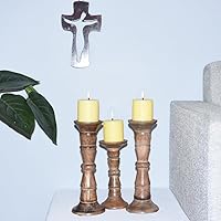 Vista 9 de Juego de tres portavelas de pilar de 6 pulgadas, 12 pulgadas y 6 pulgadas de madera de mango hecho a mano Pulido oscuro