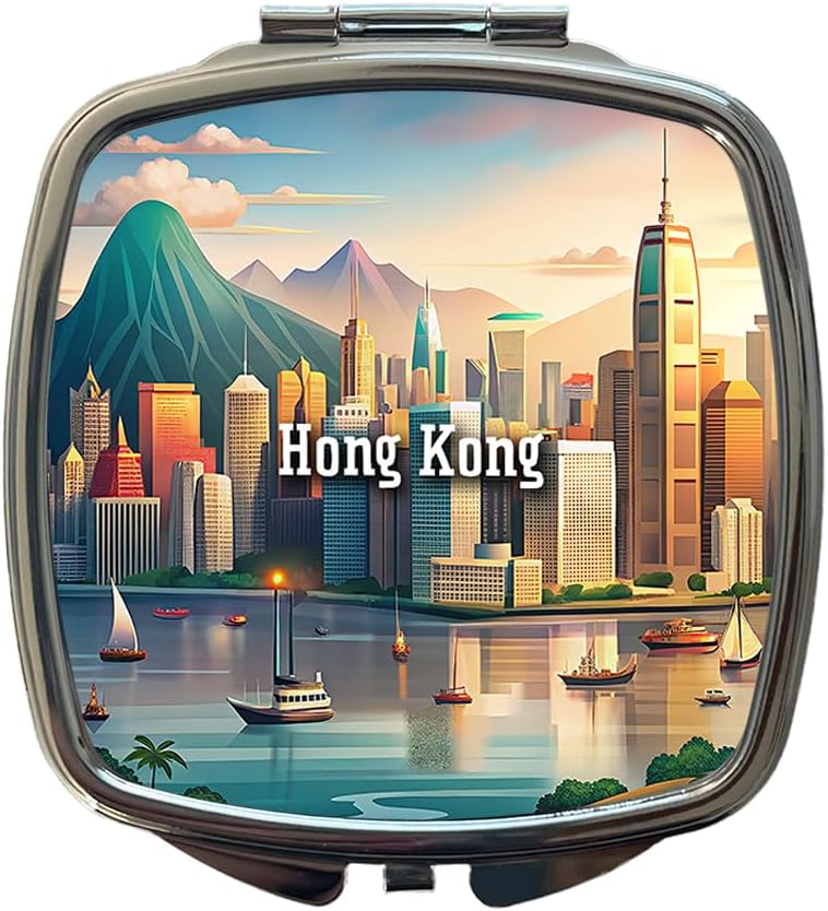 Hong Kong Travel City Country Stamp Small Travel Purse Handbag Pocket Makeup Compact Mirror