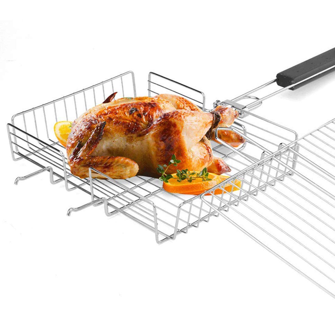 RWRAPS Cestello per grigliate per Barbecue, Cestello per griglia per Barbecue Portatile Pieghevole in Acciaio Inossidabile per Pesce arrosto Verdure Bistecca di gamberi, con Custodia, 31X25x5,5 cm