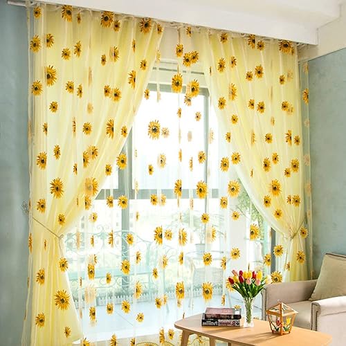 BIGEBO 2 cortinas traslúcidas de girasol amarillas con 2 alzapaños de cortina para dormitorio, sala de estar, cocina, decoración de ventana con