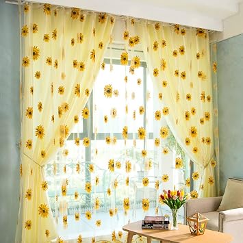 BIGEBO 2PCS Sunflower Curtains with 2 Curtain Tiebacks Rope | Rod Pocket Window Treatments W39" x L79" Yellow Sheer Window Curtains for Bedroom Living Room Kitchen Decor