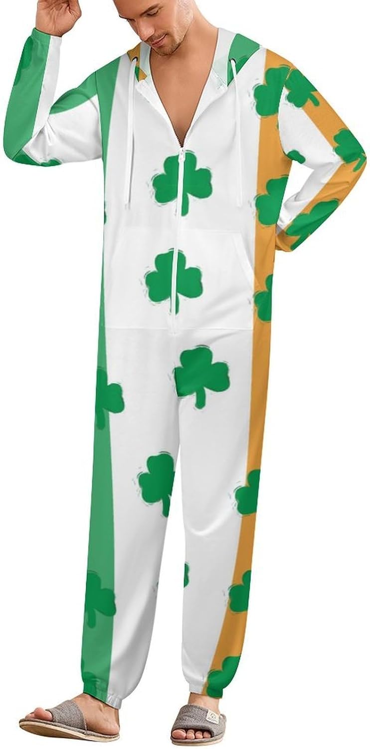 Clovers on The Irish Flag Adult Pajamas Onesie with Hood Pocket Jumpsuits One Piece Sleepwear
