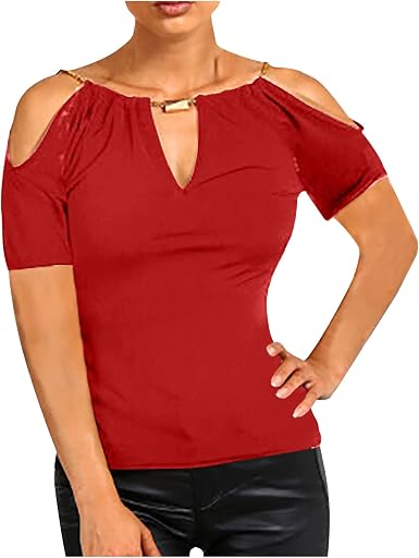 Amazon.com: Blusa elegante con hombros descubiertos para mujer, con  colgante de cordón, cuello de ojo de cerradura, manga corta, informal,  holgada, de verano : Ropa, Zapatos y Joyería