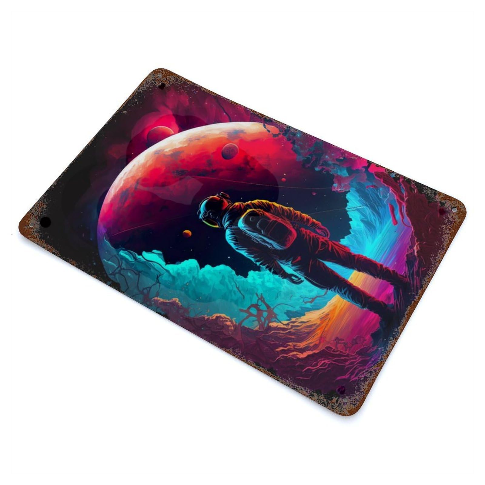Weathered Tin Sign with Neon Astronaut in Space Design 11.8"x7.9", for Basement, Hobby Room And Garage Decor, Industrial Home Decor