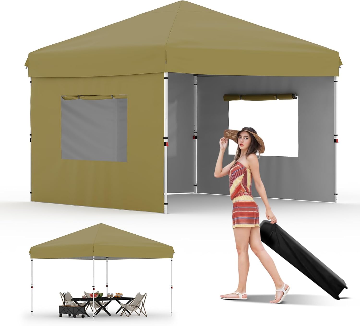 10'x10' Khaki Pop Up Canopy Tent with 3 Sidewalls, Waterproof and UV Resistant Outdoor Gazebo, Easy Up Sun Shade Shelter for Parties, Events, Backyard, Camping