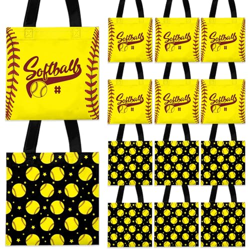 Yizeda 20Pcs Softball Goodie Bags, Yellow Non-woven Softball Treat Bags with Handles - 2 Designs for Sports Theme Parties, Birthday Supplies (Snack/Candy Size)