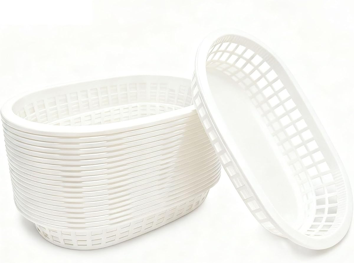 Fast Food Baskets 16-Pack, 10 x 6 Inch Plastic Oval Serving Baskets for Burgers,Bread, Fries & Sandwiches, Restaurant Diner Cafeteria Food Truck Party Use, Reusable&Stackable(White)