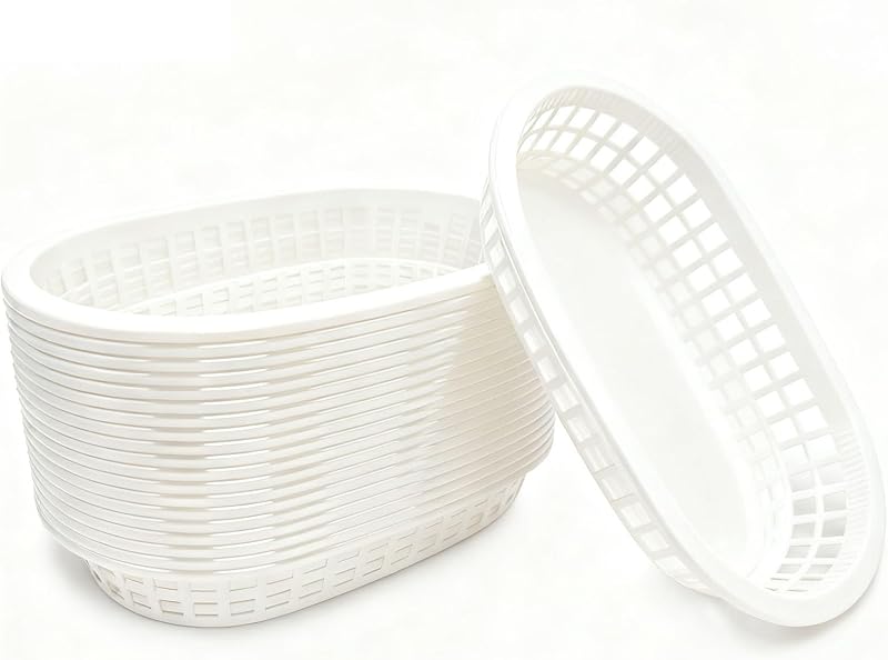 Fast Food Baskets 16-Pack, 10 x 6 Inch Plastic Oval Serving Baskets for Burgers,Bread, Fries & Sandwiches, Restaurant Diner Cafeteria Food Truck Party Use, Reusable&Stackable(White)