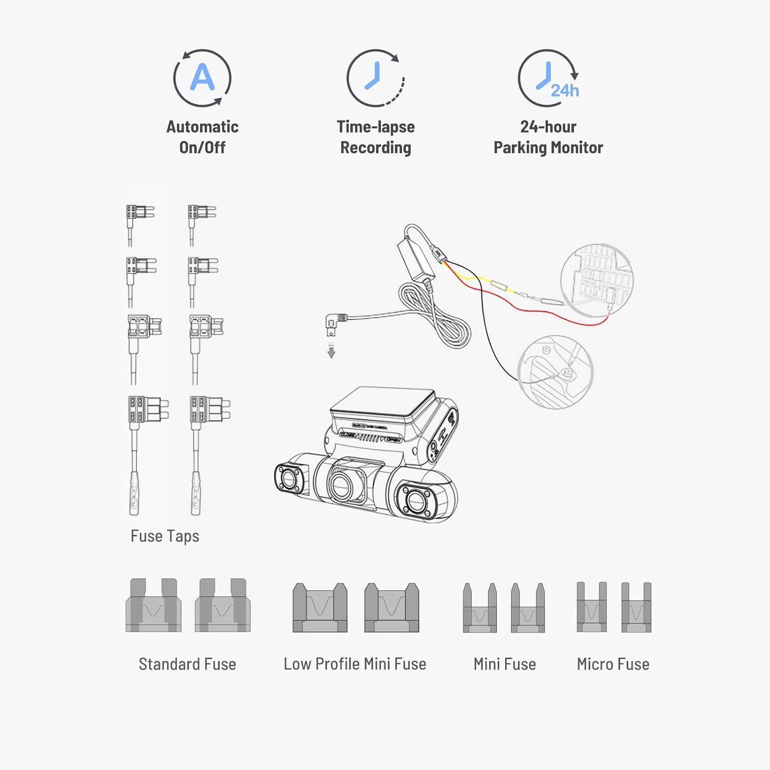 PRUVEEO Smart Acc Hardwire Kit for Dash Cam, Enables Parking Mode Monitor, Converts 12V-30V to 5V/3A, Low Voltage Protection, LED Indicator, Applicable to D90-4CH… - Image 4