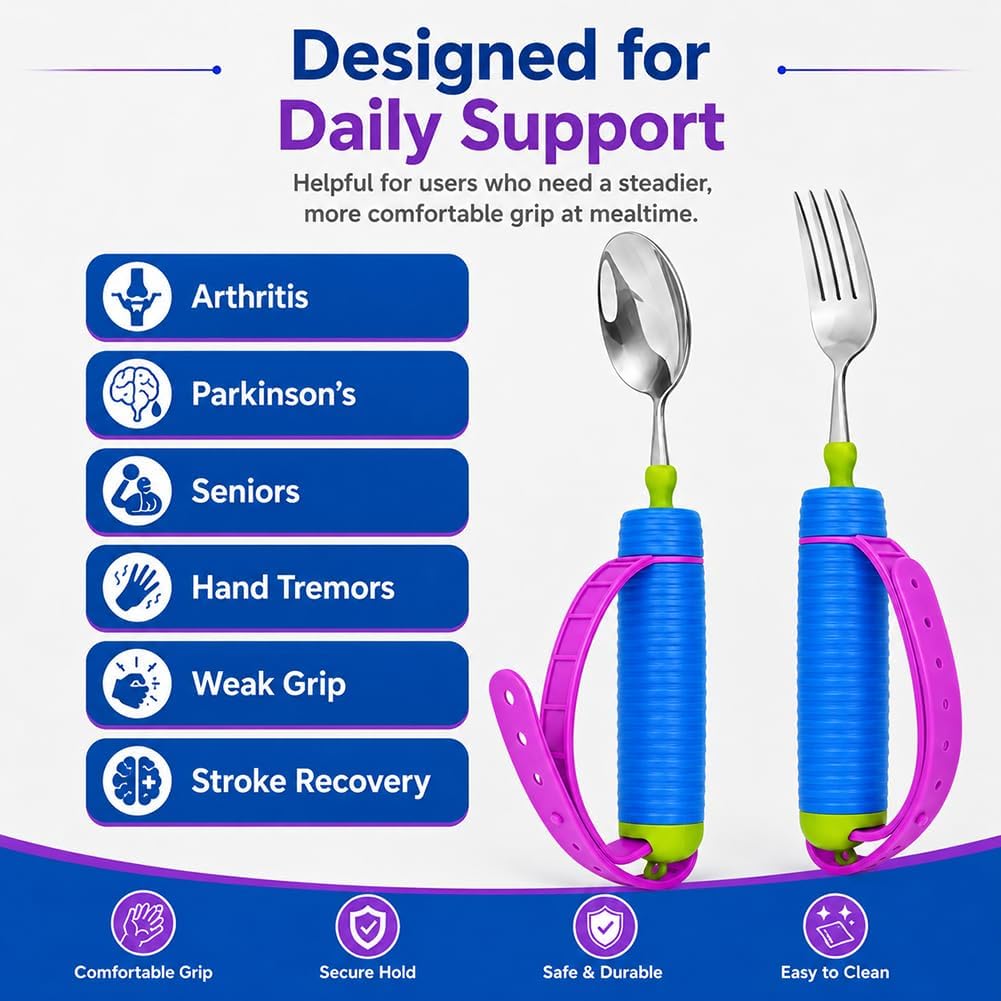 Adaptive Utensils Set for Hand Tremors, Arthritis & Parkinson's | 360° Rotating Fork & Spoon, Adjustable Silicone Strap, Non-slip Easy Grip, Hollow Handle for Custom Weight Support