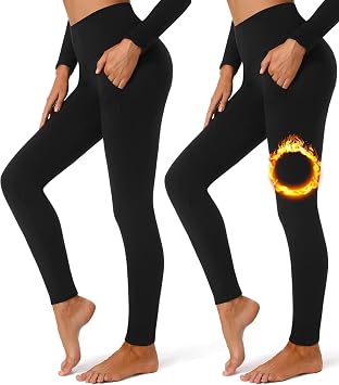 FULLSOFT 2 Pack Fleece Lined Leggings with Pockets for Women High Waisted Thermal Winter Yoga Pants for Workout Running
