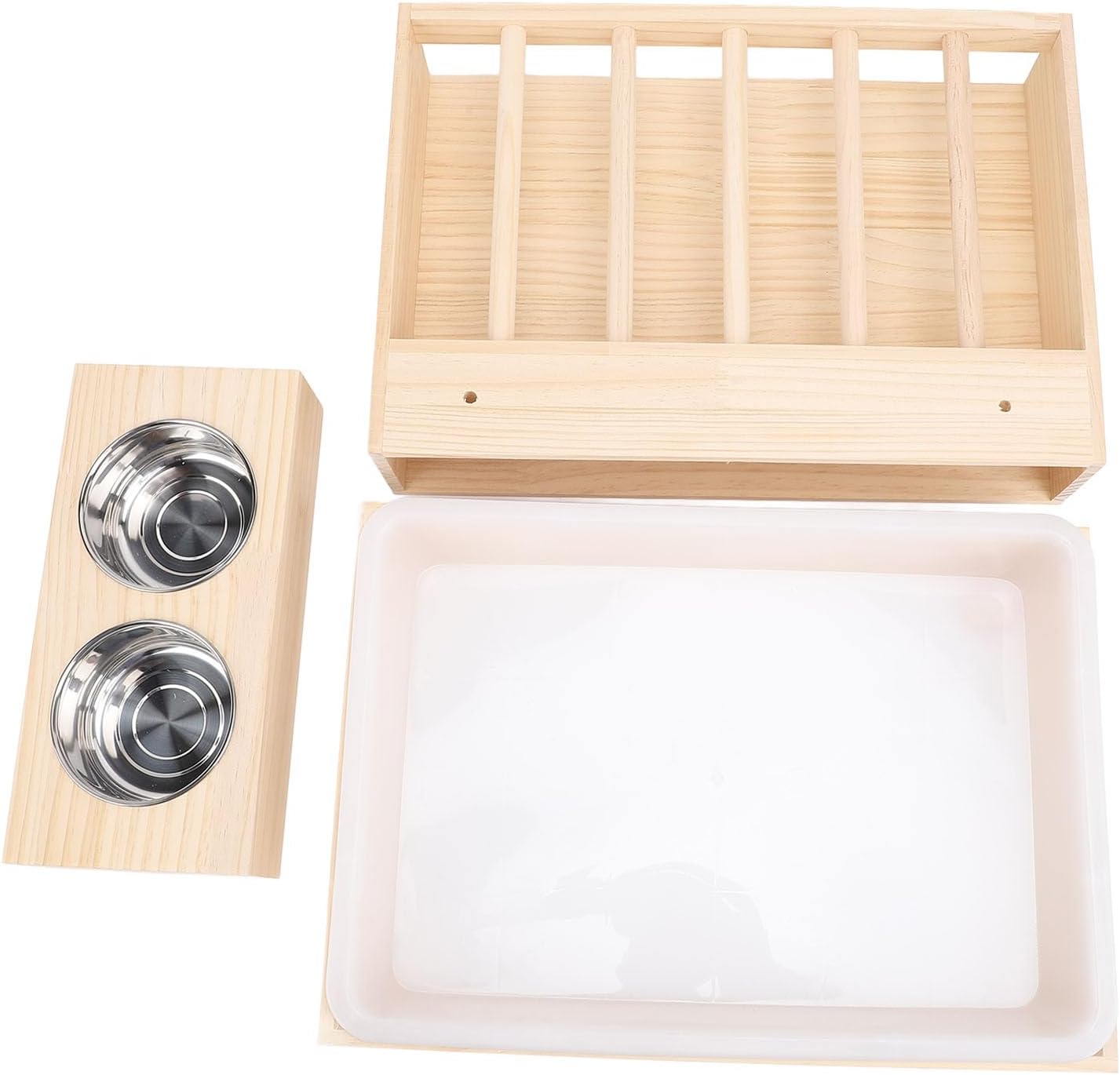 Rabbit Hay Feeder with Litter Box, 2 Stainless Steel Bowls Wooden Bunny