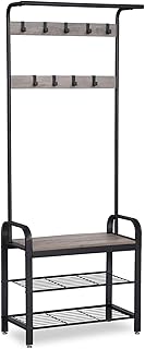 VASAGLE wieszak na płaszcze, szatnia, wieszak na buty z siedziskiem, wieszak na ubrania z 9 wyjmowanymi haczykami, ławka, 2 półki z siatki, wysokość 183 cm, wzór przemysłowy, szary czarny HSR40MB