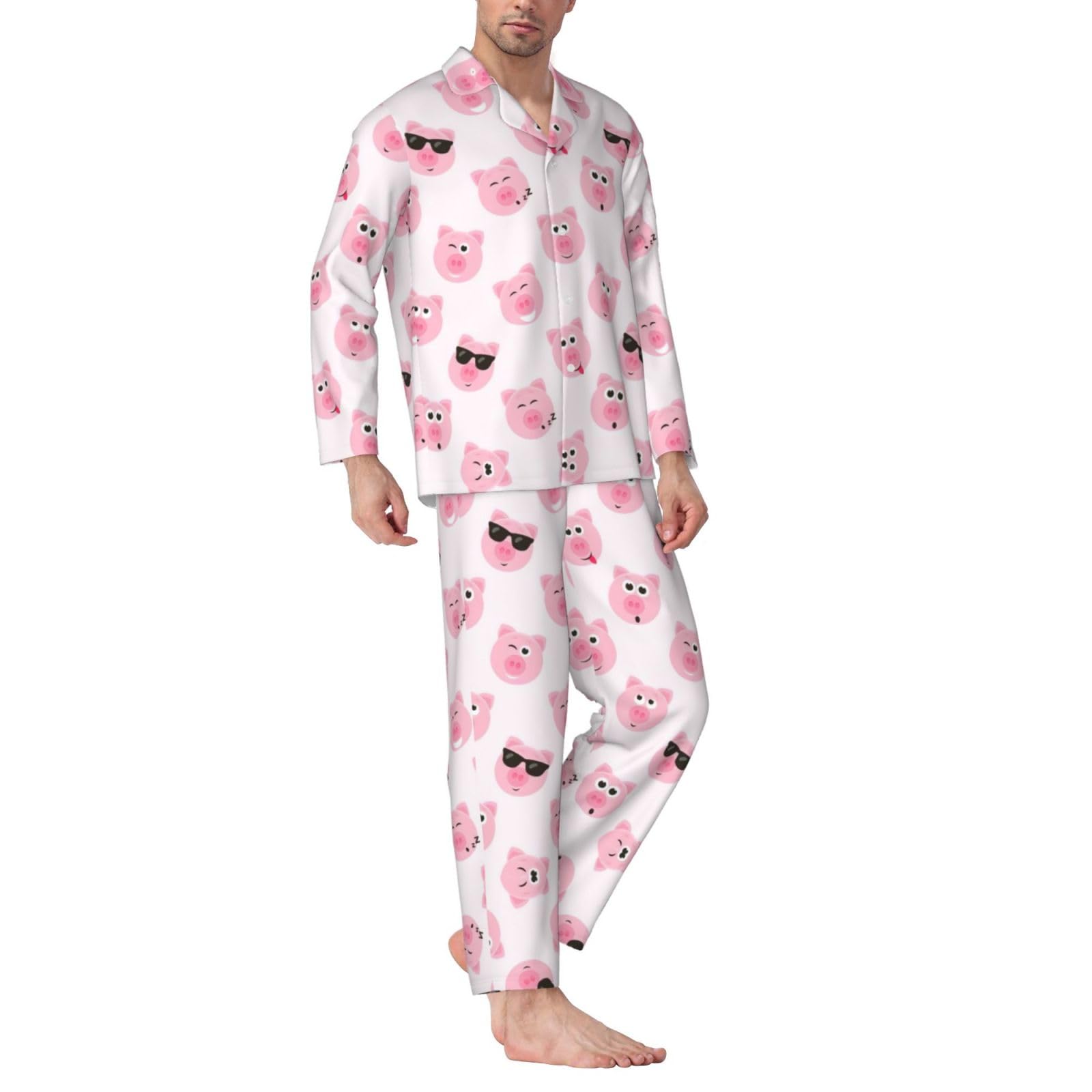 Conjunto de pijama divertido con estampado de cara de cerdo rosa para hombre, pijama suave de manga larga con botones y bolsillos