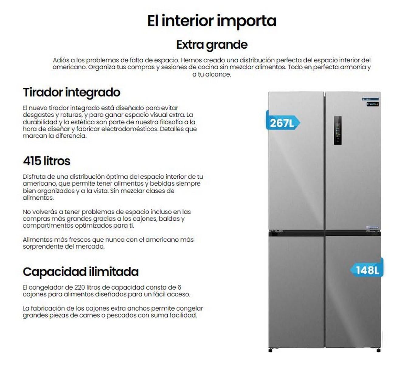 INFINITON Frigorifico Americano AMCB-415CD82XET, 415 Litros, 182 cm de Altura, Inverter Technology, No Frost Total, Fast Cooling, Fast Freezing, Tecnología Care + space, E, Inox