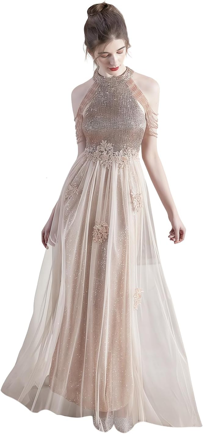 Size M Women Elegant Sequins Cocktail Dress Prom Ball Evening Gowns for Women Halter Wedding Dress Beaded Sleeve Mesh A Line Dresses