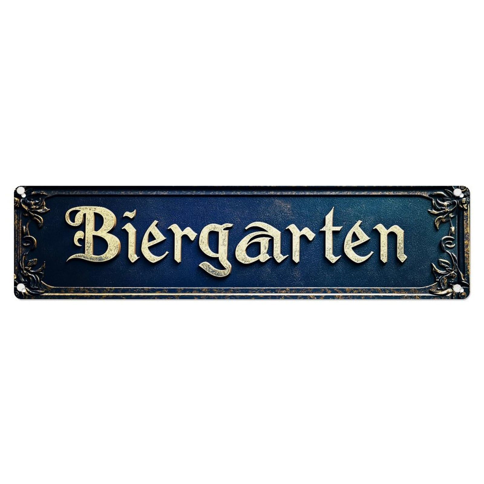 Biergarten Sign Ornate Gold Lettering Retro Metal Tin Sign, Vintage Decor Art Poster for Bar, Home, Man Cave, Kitchen, Laundry Room Gift 4x16Inch