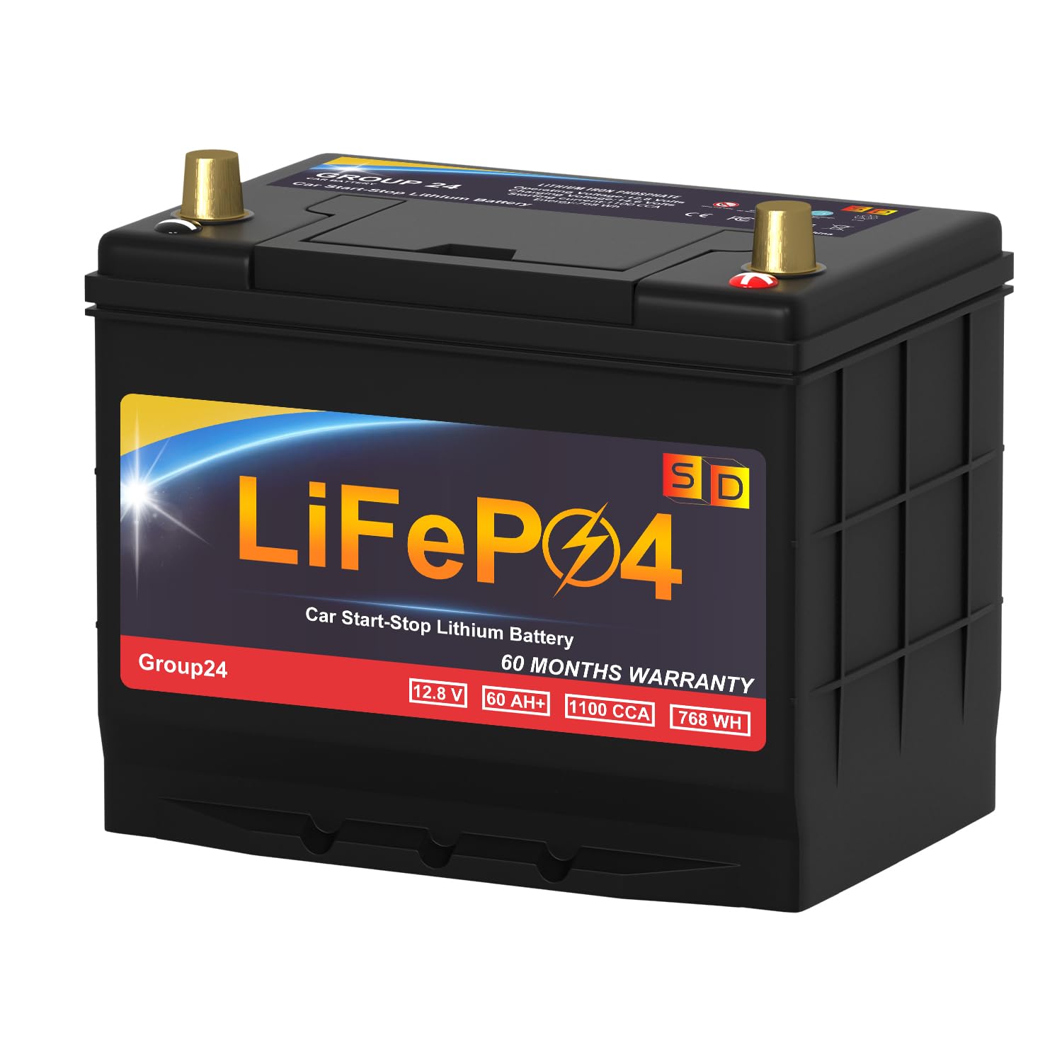 Lithium Start-Stop Car Battery GROUP 24, 12.8V 60Ah 1100CCA LiFePO4 Automotive Battery For Car, 60 Months Warranty