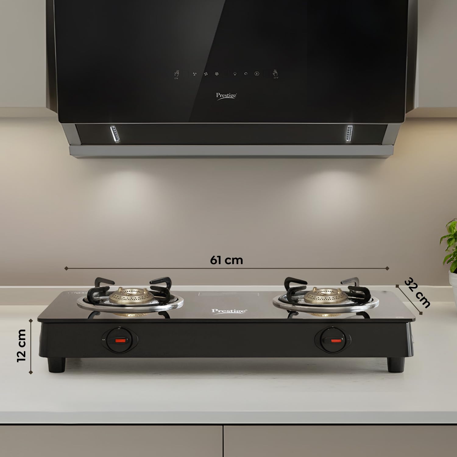 Prestige IRIS Toughened Glass-Top 2 Brass Burner LPG Gas Stove measurements