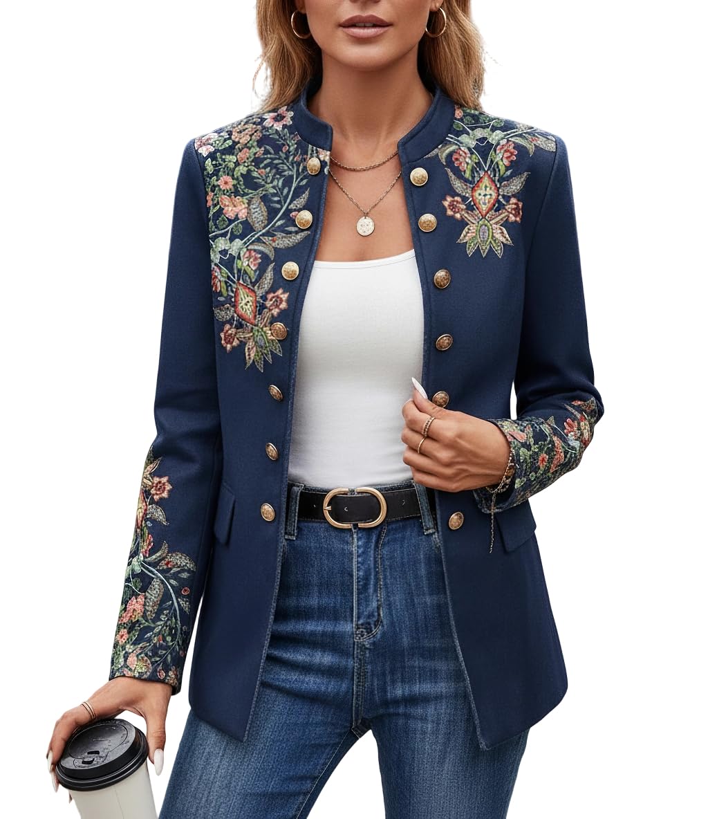 Womens Floral Print Open Front Blazer Fall Stand Collar Single-Breasted Long Sleeve Suit Jacket