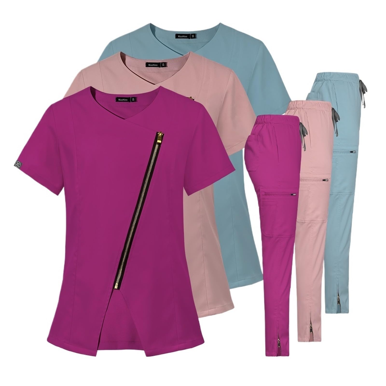 Abbigliamento da Lavoro da Infermiera for Donna Scrub Uniforme da Sala operatoria Top e Pantaloni Toelettatori Set Sanitario con Cerniera veterinaria for Animali Domestici(Gray,XL)