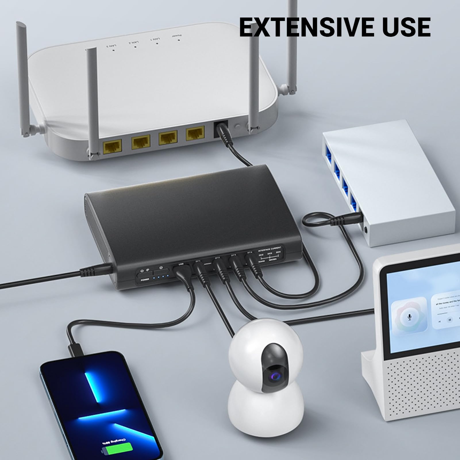 Zapasowy Zasilacz UPS, 25600 MAh 94,72 Wh 5 V 9 V 12 V Komputerowy Zasilacz Awaryjny, Mini Zapasowy Zasilacz Akumulatorowy z Portem ładowarki USB do Kamery Bezpieczeństwa