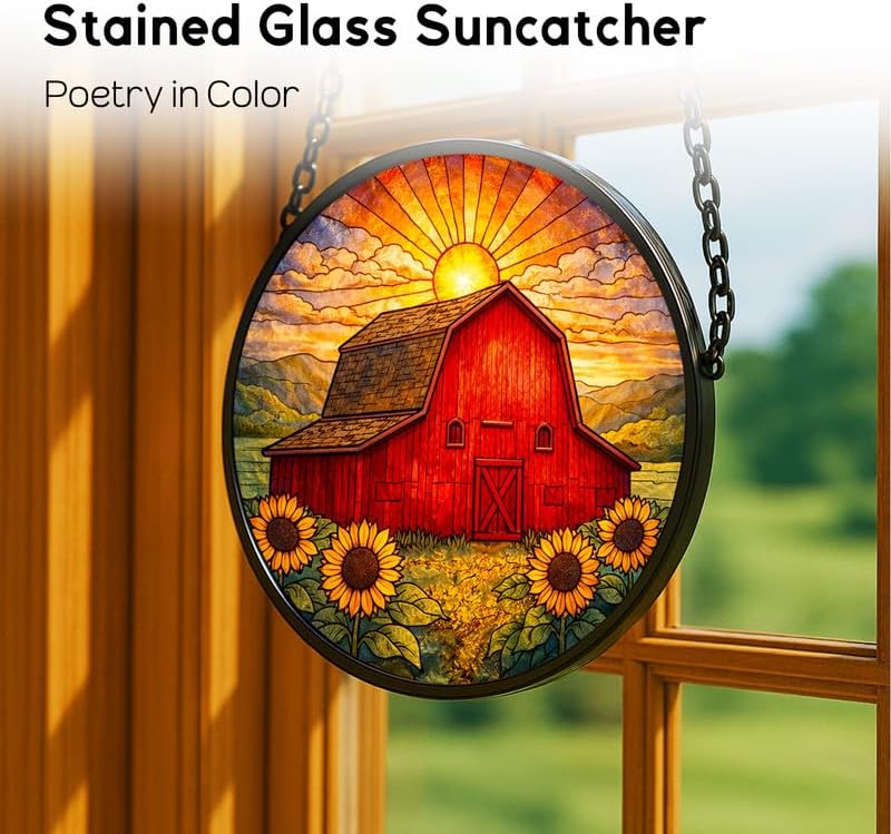 Stained Glass Window Hanging，Red Barn & Sunflowers 11.8in Sun Catchers Indoor Window, Home Decor Inside and Outside the Cottage, Gifts for Women