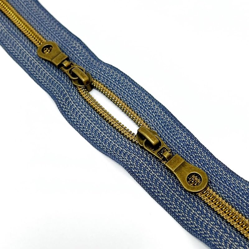 2 Way Zip Closed End Metal Twin Sliders 4 Sizes 12” 16” 22” & 24” for Hand Bags (Denim/Antique Brass, 16" (40cm))