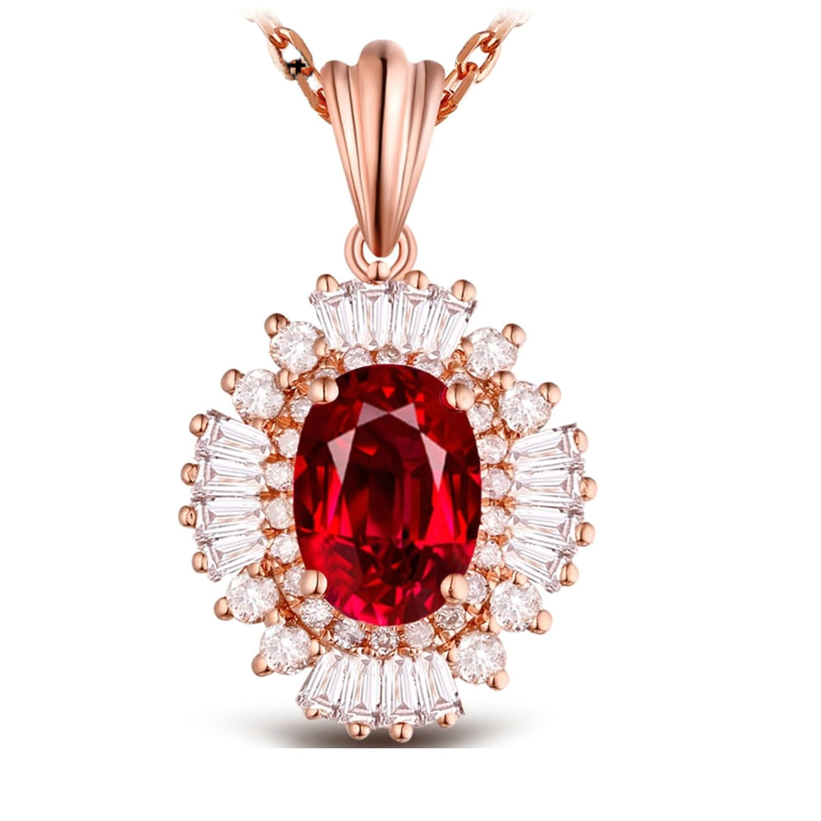 Collar con colgante para mujer de oro rosa 750 585 375, colgante de lujo flor con rubí de 1 ct y diamante de 0,33 ct oro rosa cadena mujer 45 cm sin níquel
