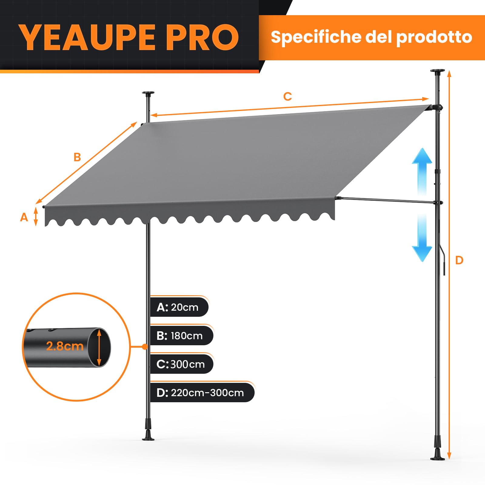 Tenda da Sole a Bracci con Manovella | Protezione Balcone, Regolabile, Senza Forare, a Manovella | Tenda resistente per Esterno ai raggi UV e regolabile in Altezza | Grigio (300 x 180 cm)
