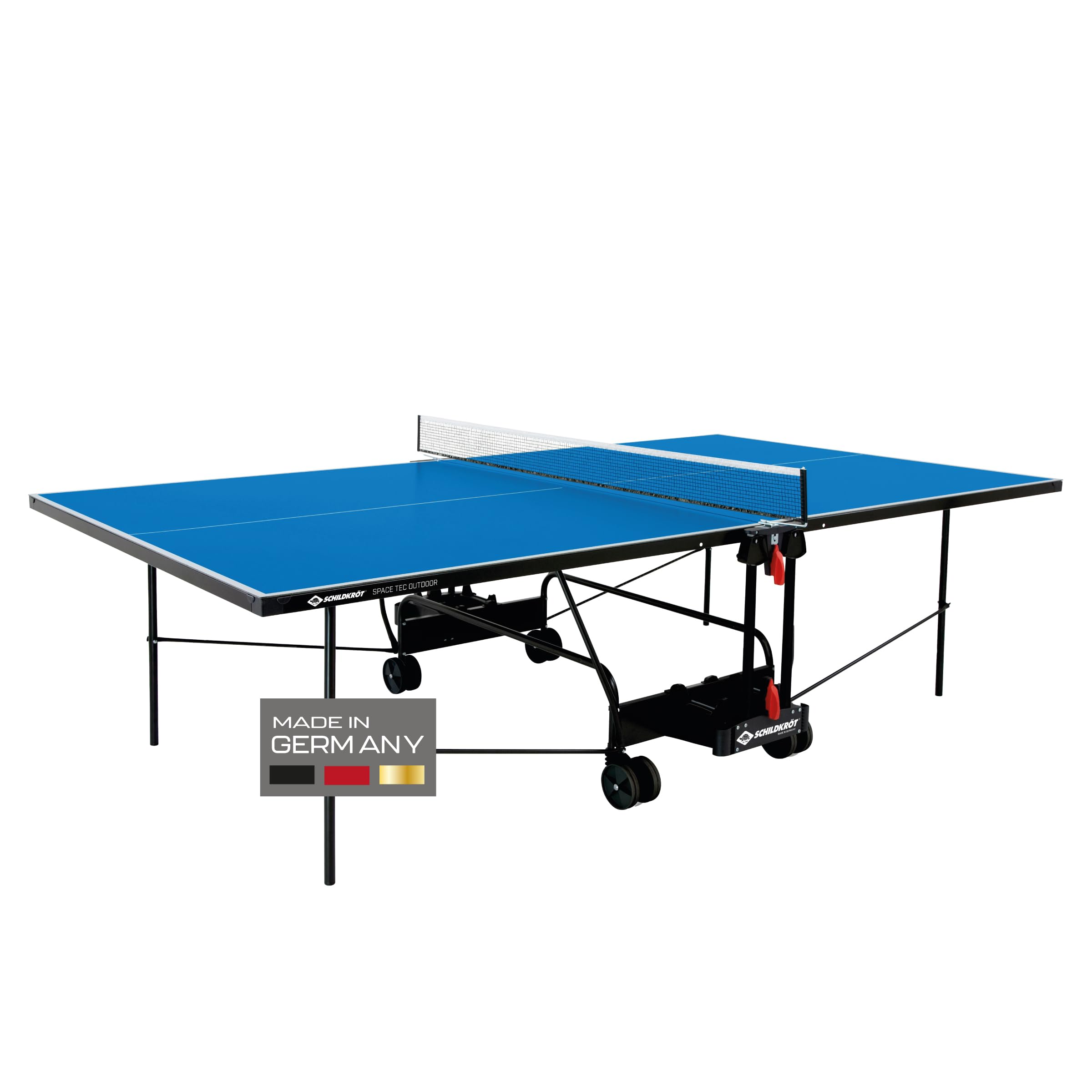 Schildkröt Tischtennisplatte Space Tec Outdoor, Outdoor Kompakttisch, wetterfeste 4mm Melaminharzplatte, Blaue Oberfläche, schwarzes Untergestell, klappbar und durch Räder leicht fahrbar