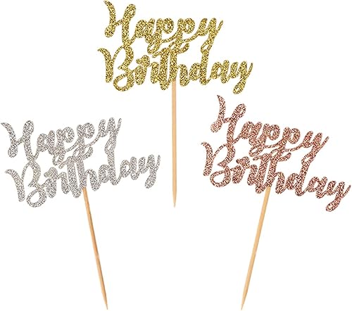 Miniatura 9 de Donoter 24 piezas de adornos para cupcakes de feliz cumpleaños rojo con purpurina para decoración de fiestas de cumpleaños