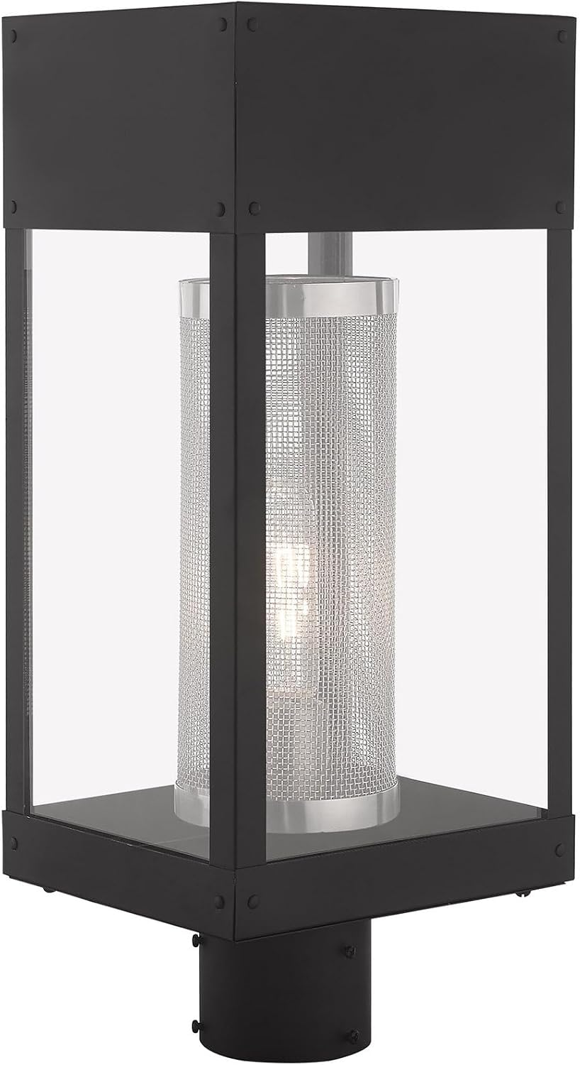 Livex Lighting 20763-04 Franklin - One Light Outdoor Post Top Lantern, Black Finish with Clear Glass with Stainless Steel Mesh Shade