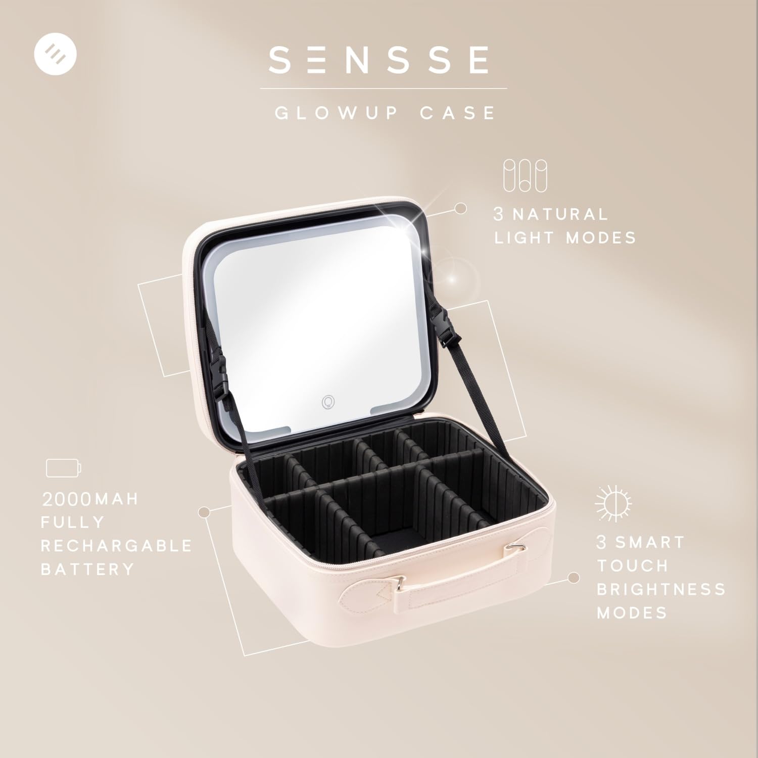 SENSSE Glow Up Case LED Make-up Reisekoffer mit Spiegel - Kosmetik-Organizer mit verstellbarem Licht, 3 Beleuchtungsmodi, Touch-Dimmbarer HD-Spiegel, wiederaufladbarer 2000-mAh-Akku und verstellbare